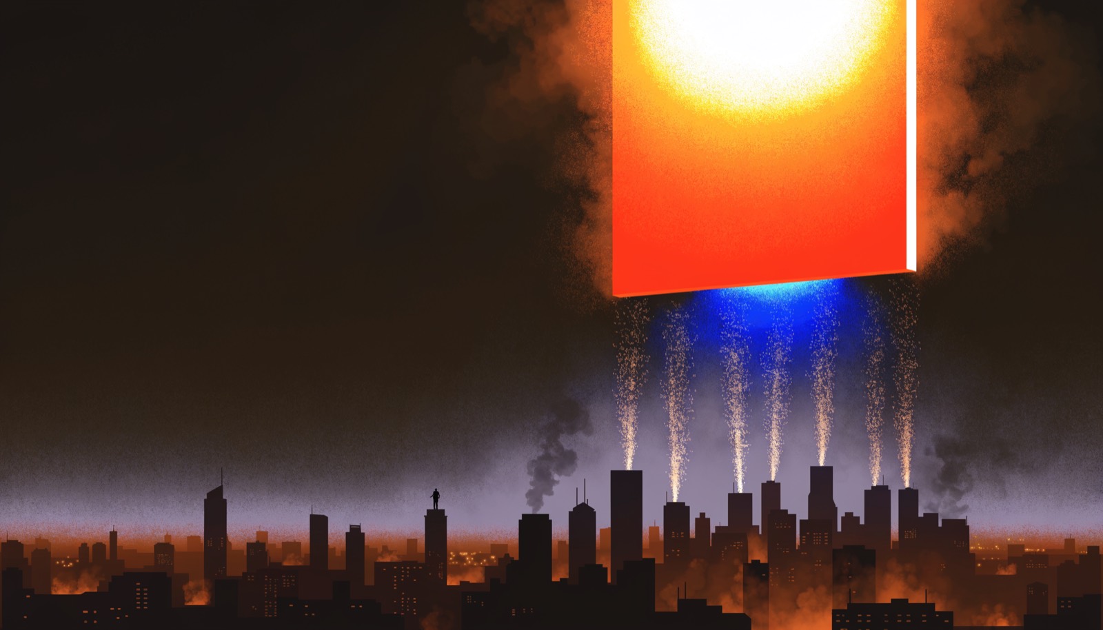 A glowing AI answer panel floats above a night-time city, drawing streams of light out of the buildings below.