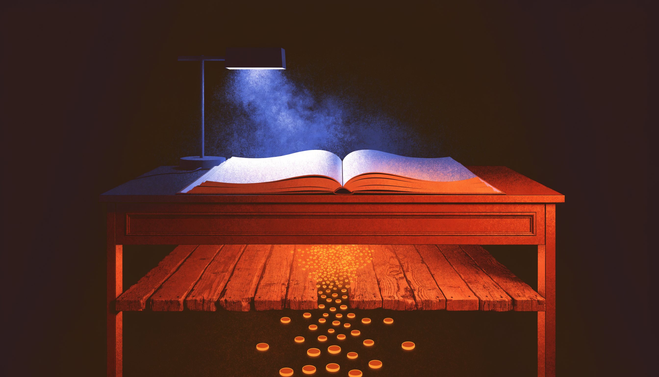 A blank ledger sits on a desk while glowing coins fall through gaps in the floorboards beneath it.
