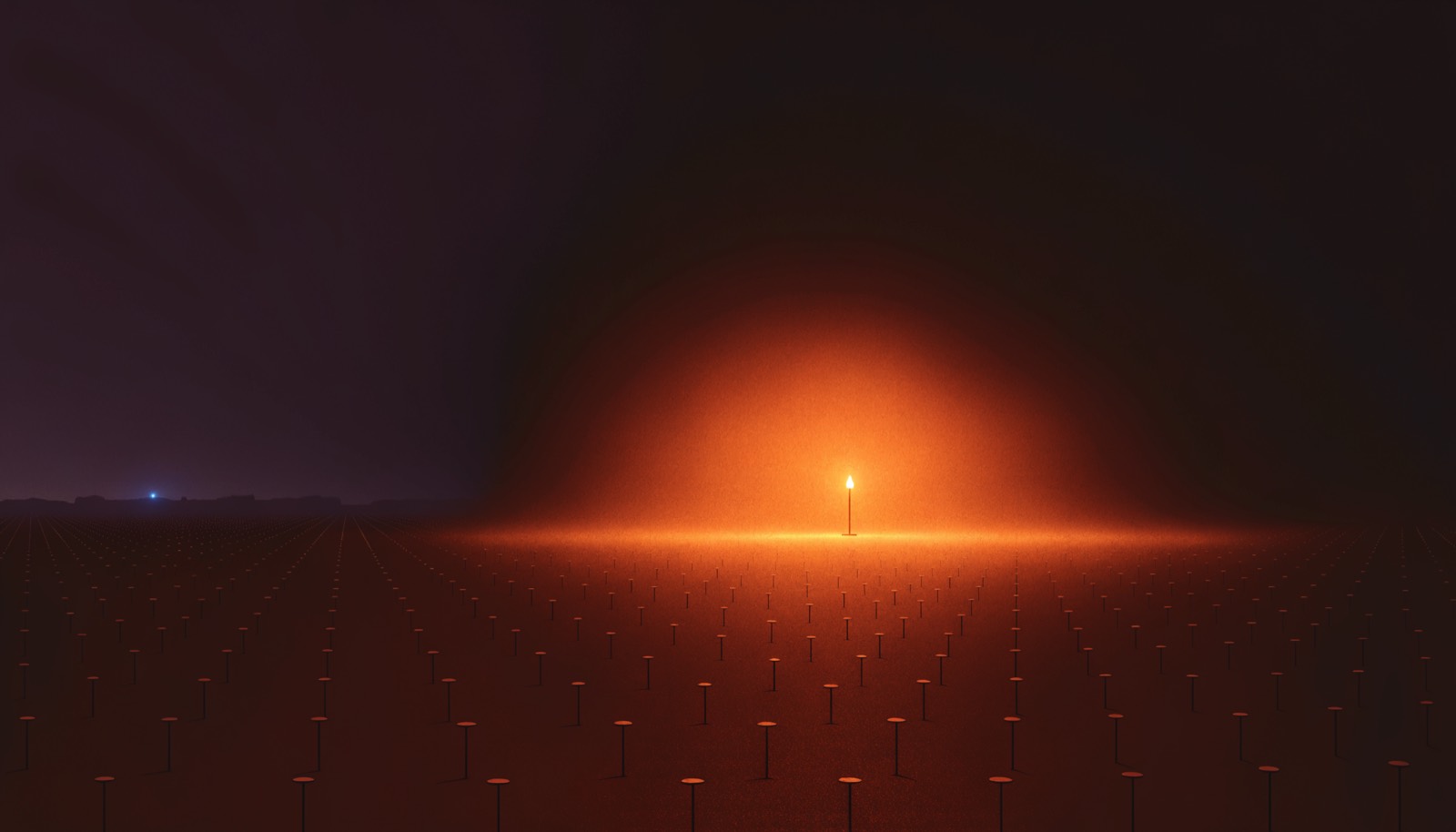 A dark plain of thousands of extinguished pilot lights with a single flame burning.