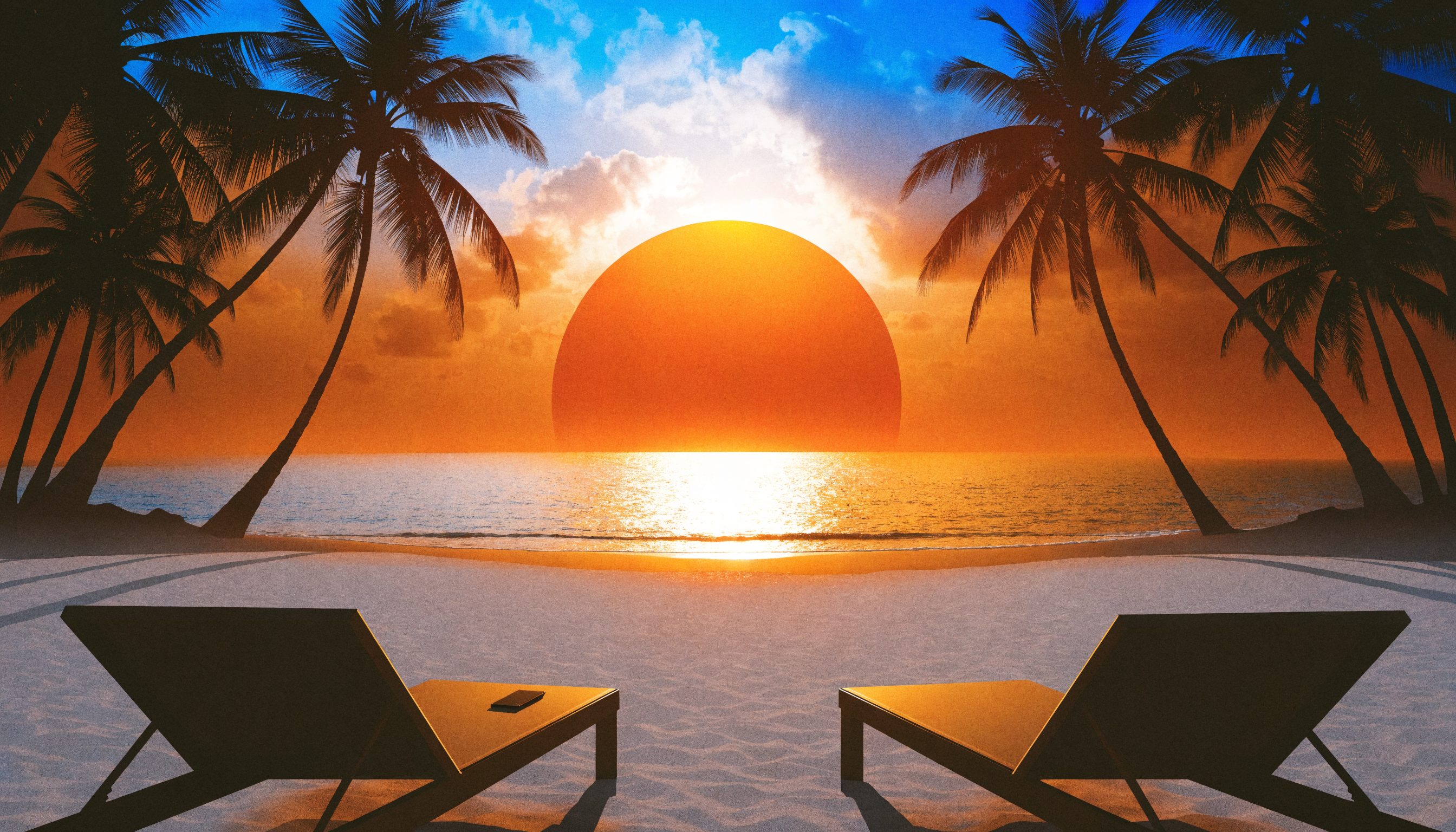 Two empty sun loungers on a Bali beach face a huge amber sunset over the sea, palm trees leaning in from both sides, a phone lying face-down on one lounger.