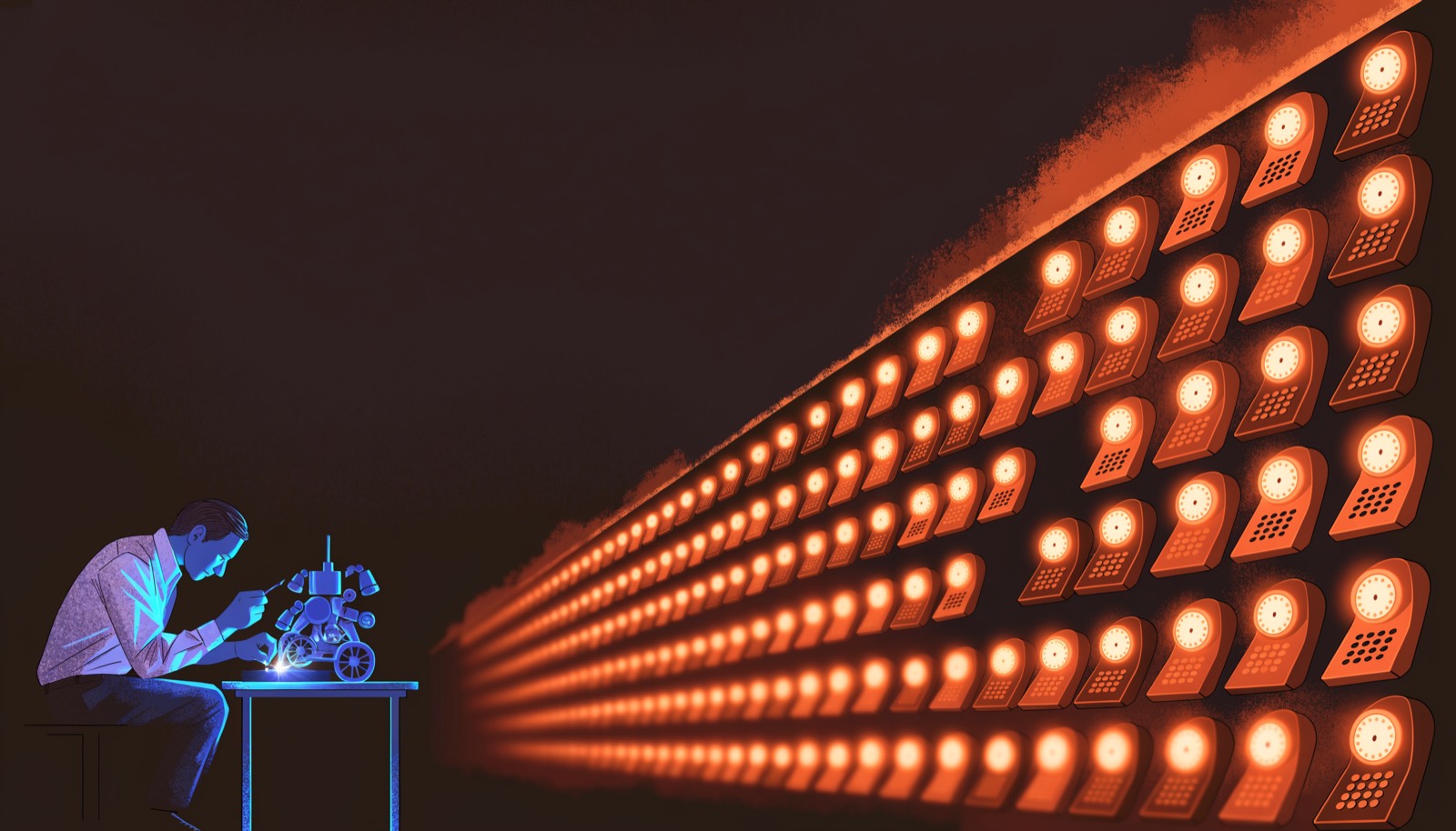A man polishes a small glowing blue machine at a desk while a large wall of amber phone lights blinks unattended behind him.