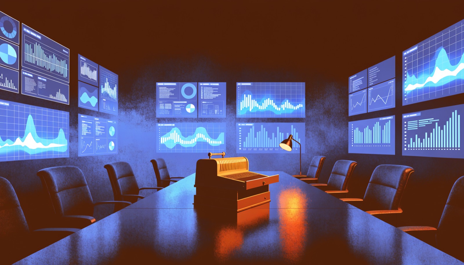 A boardroom full of glowing dashboards surrounds an old cash register with an empty open drawer.