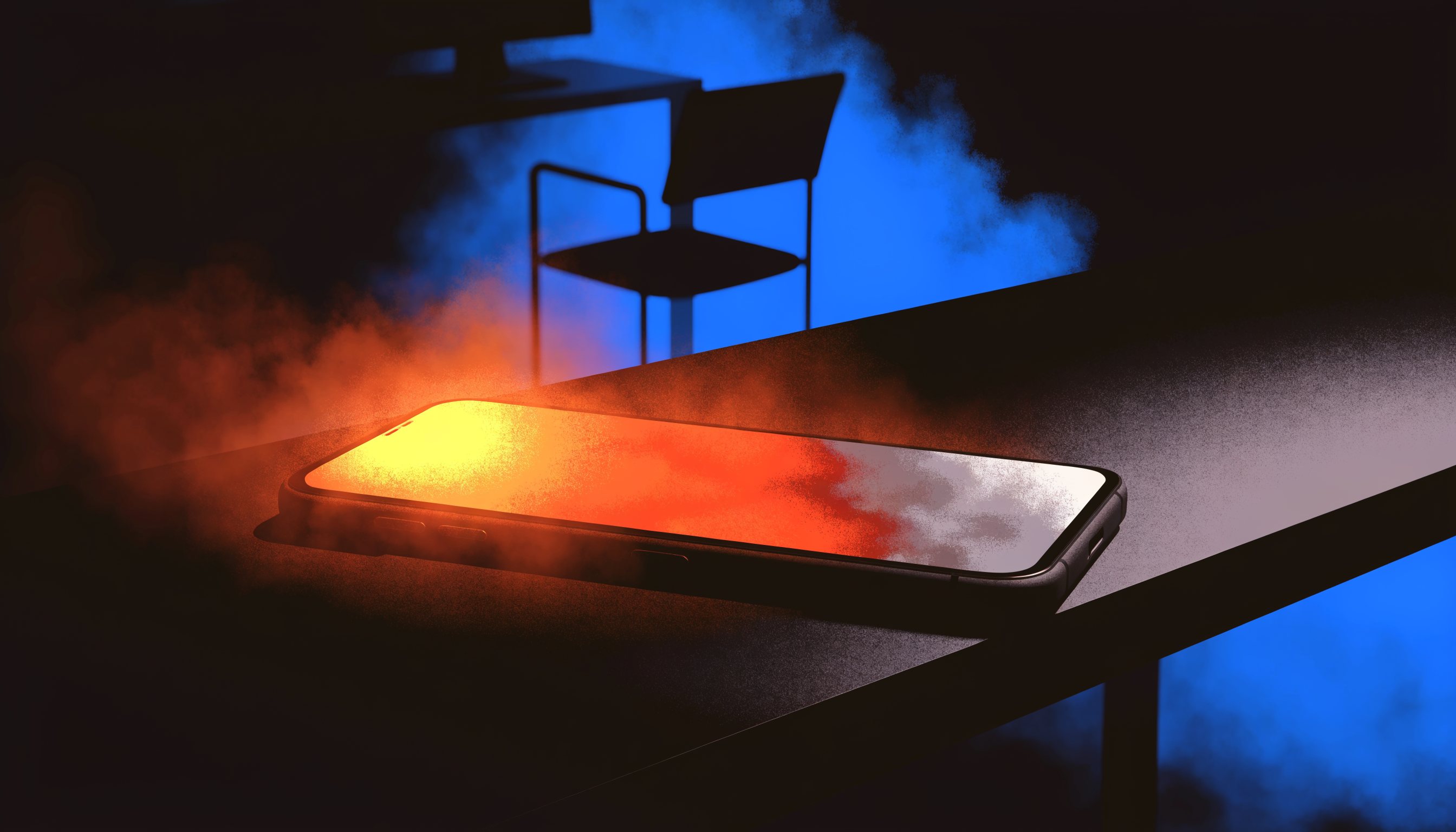 A smartphone glows hot amber at one end, cooling to grey ash at the other, beside an empty office chair.