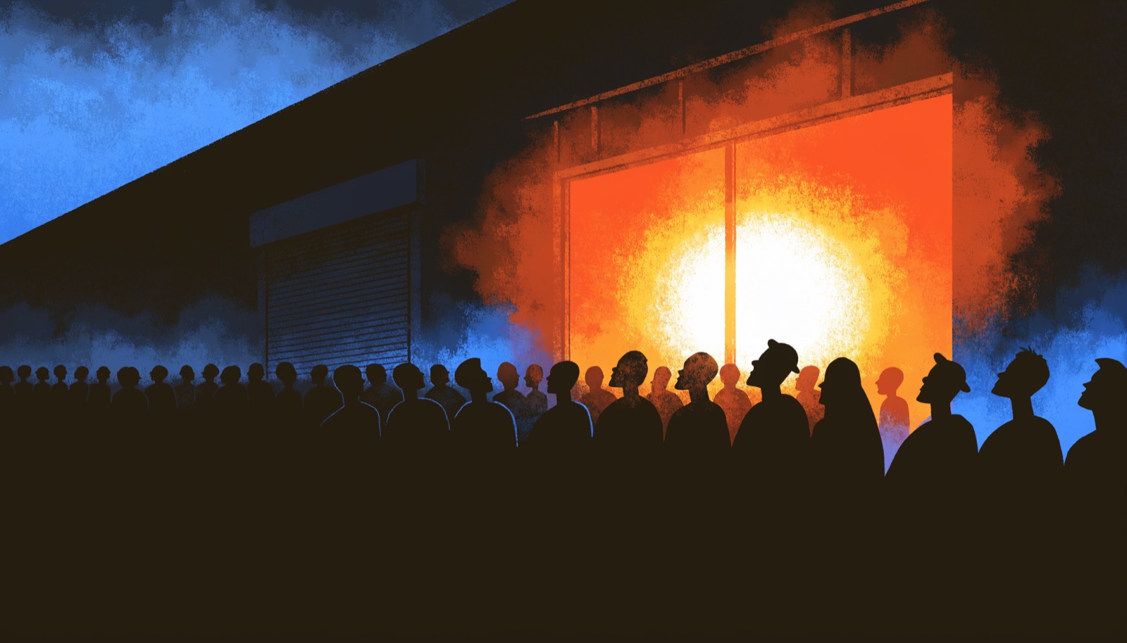 A crowd gazes at a brightly lit shop window at night while the shop's entrance is sealed behind a shutter.