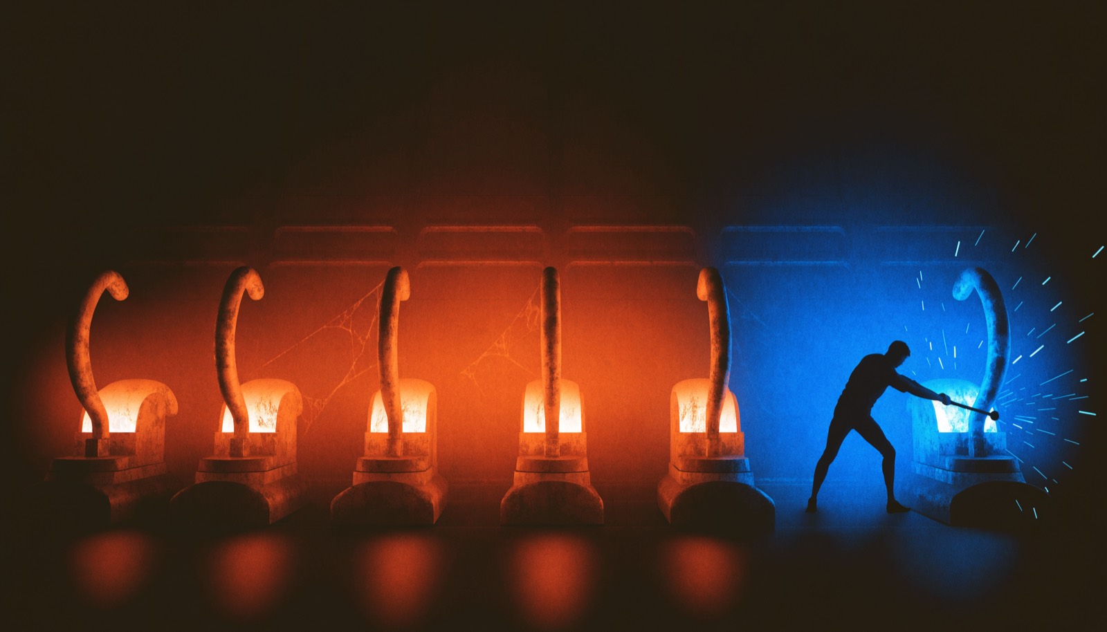 A wall of six industrial levers, five glowing amber and untouched, while a figure strains at the single blue one.