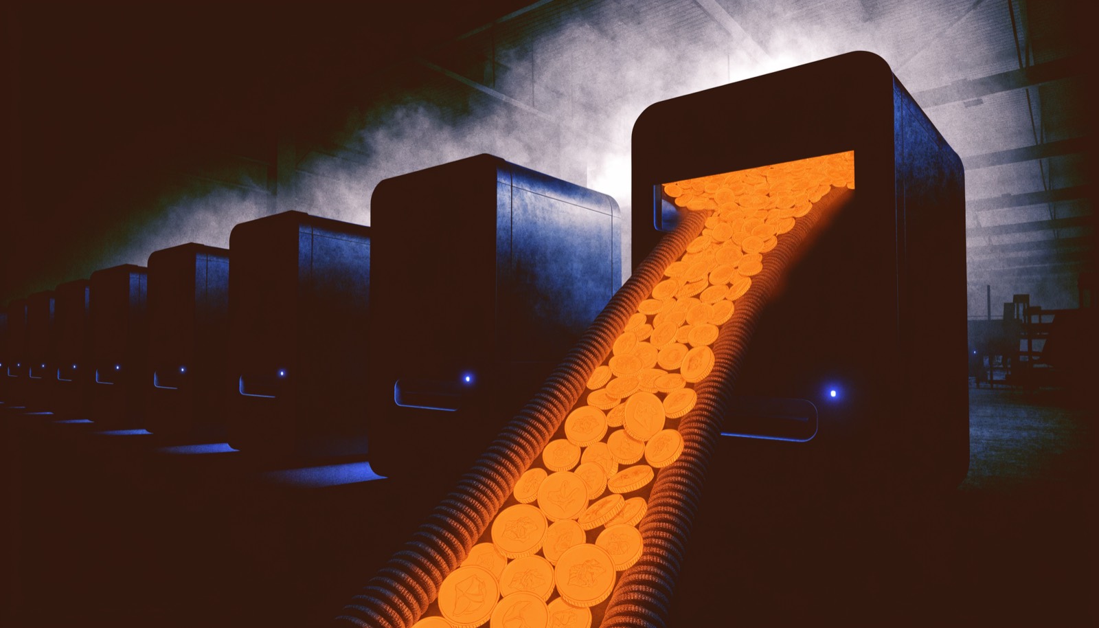 A row of increasingly large dark machines being fed glowing coins, none of them lit.