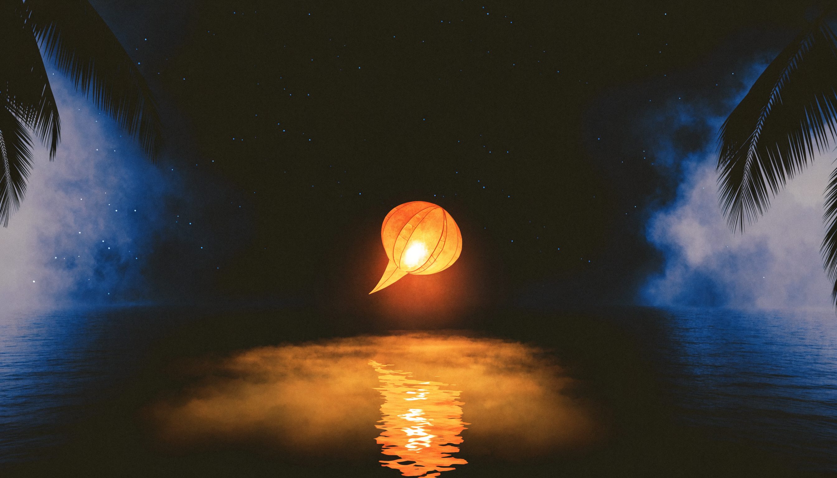 A single glowing speech-bubble lantern floats over a dark ocean between silhouetted palm trees.