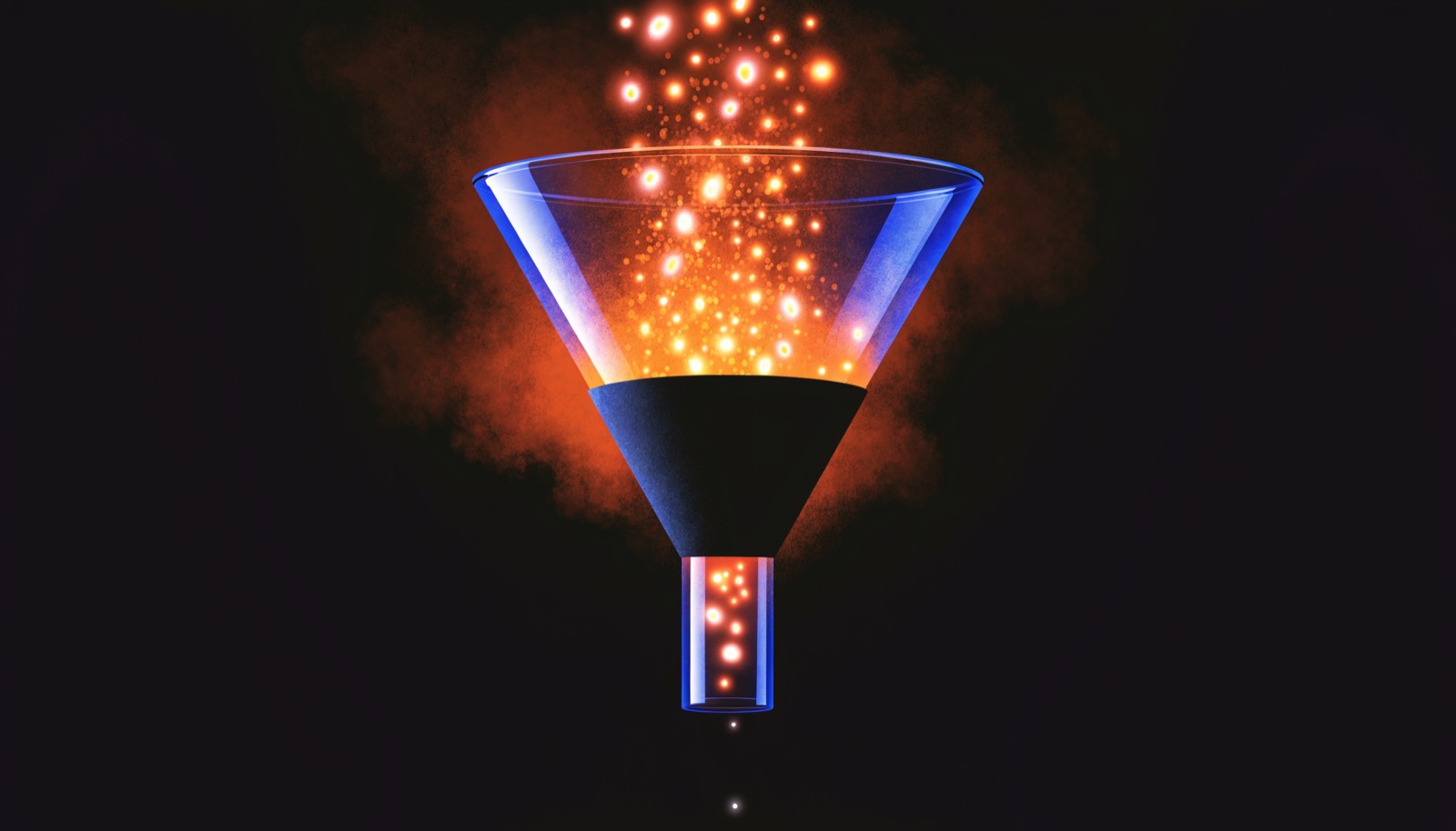 A glass funnel filled with glowing particles; its middle section is hidden by an opaque black band and only a single particle escapes.
