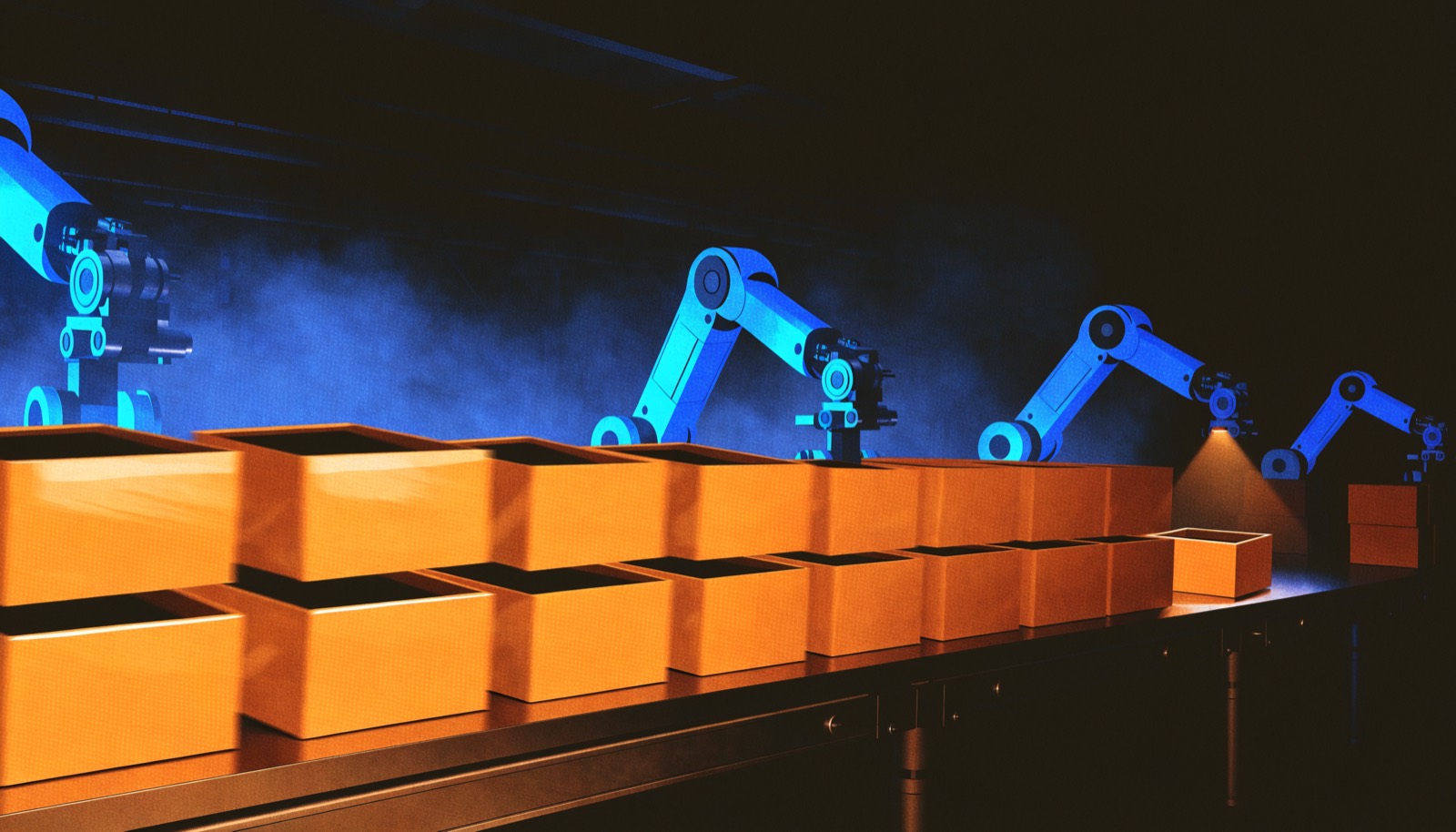 Robotic arms on a fast conveyor wrap perfect boxes that are all empty inside.