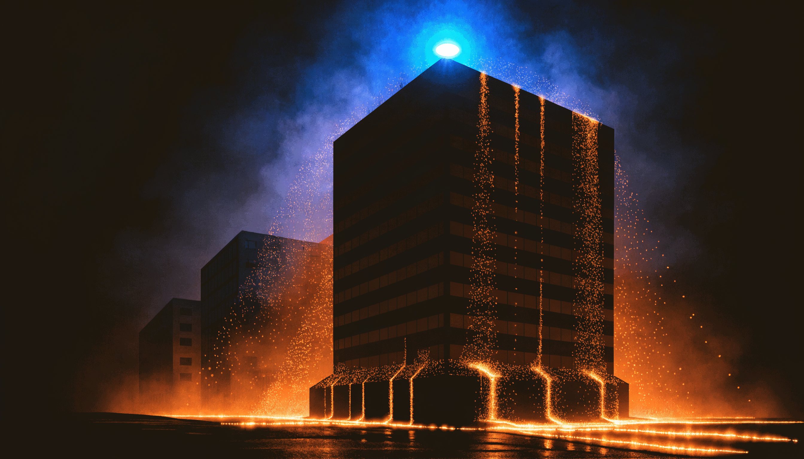 Glowing lights rain onto a dark office tower and drain away down the street.