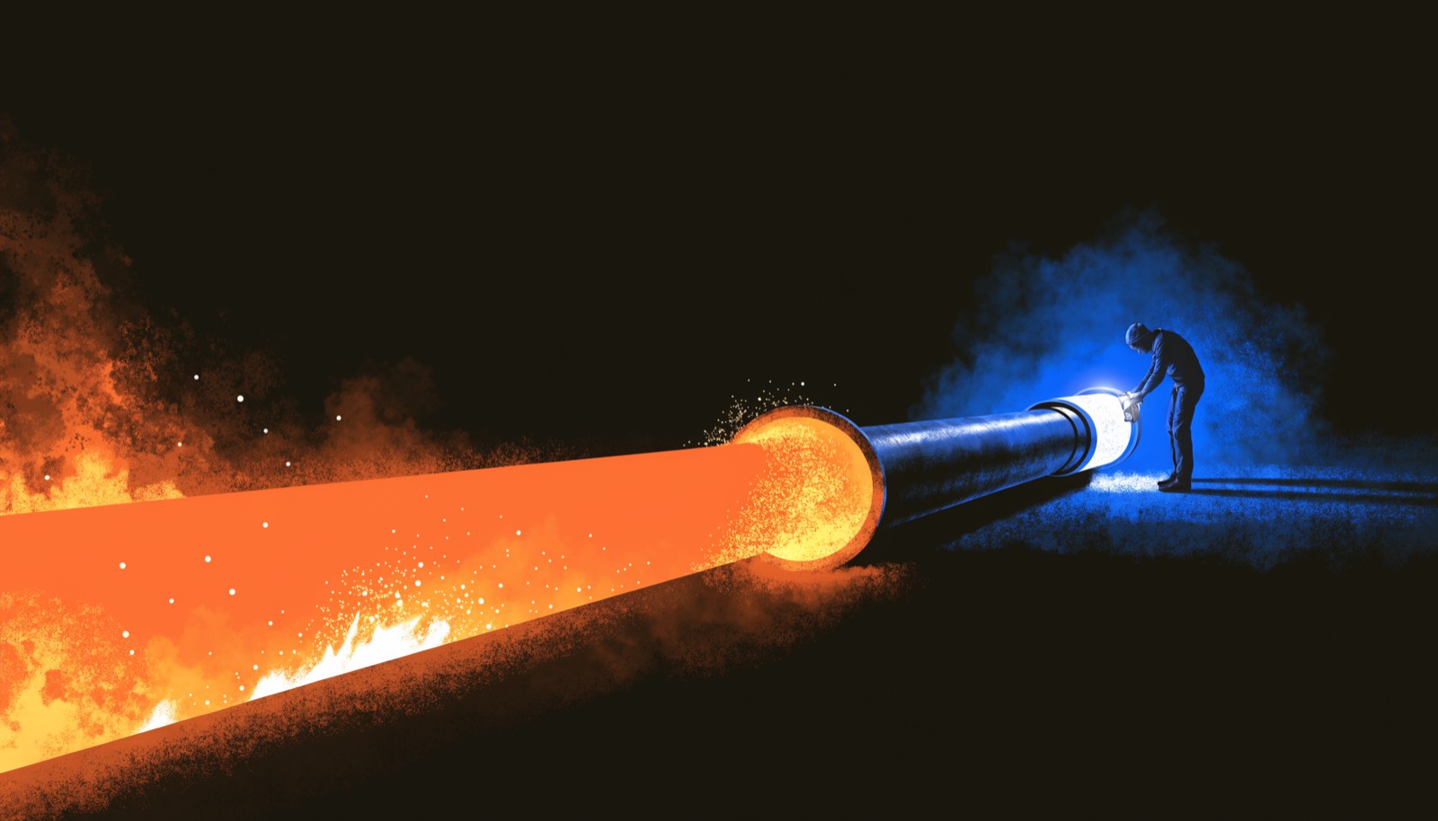 A glowing pipeline dams up at a single kink while a figure polishes the far nozzle.