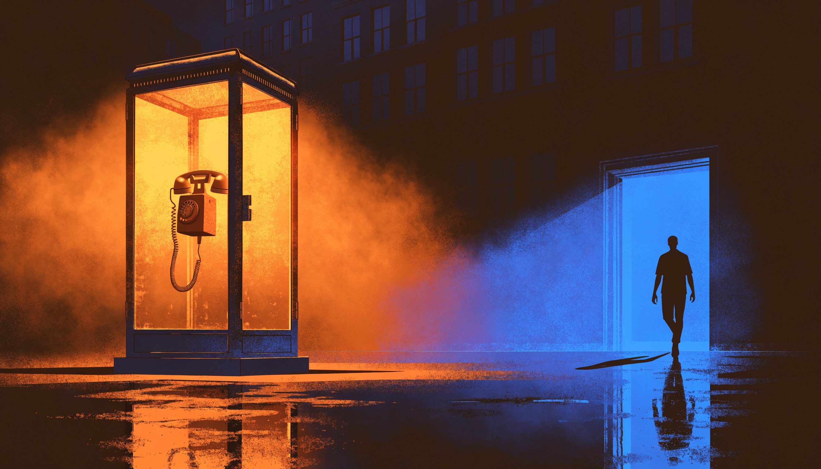 A phone rings unanswered in a locked booth while a figure crosses the street to a blue-lit doorway.