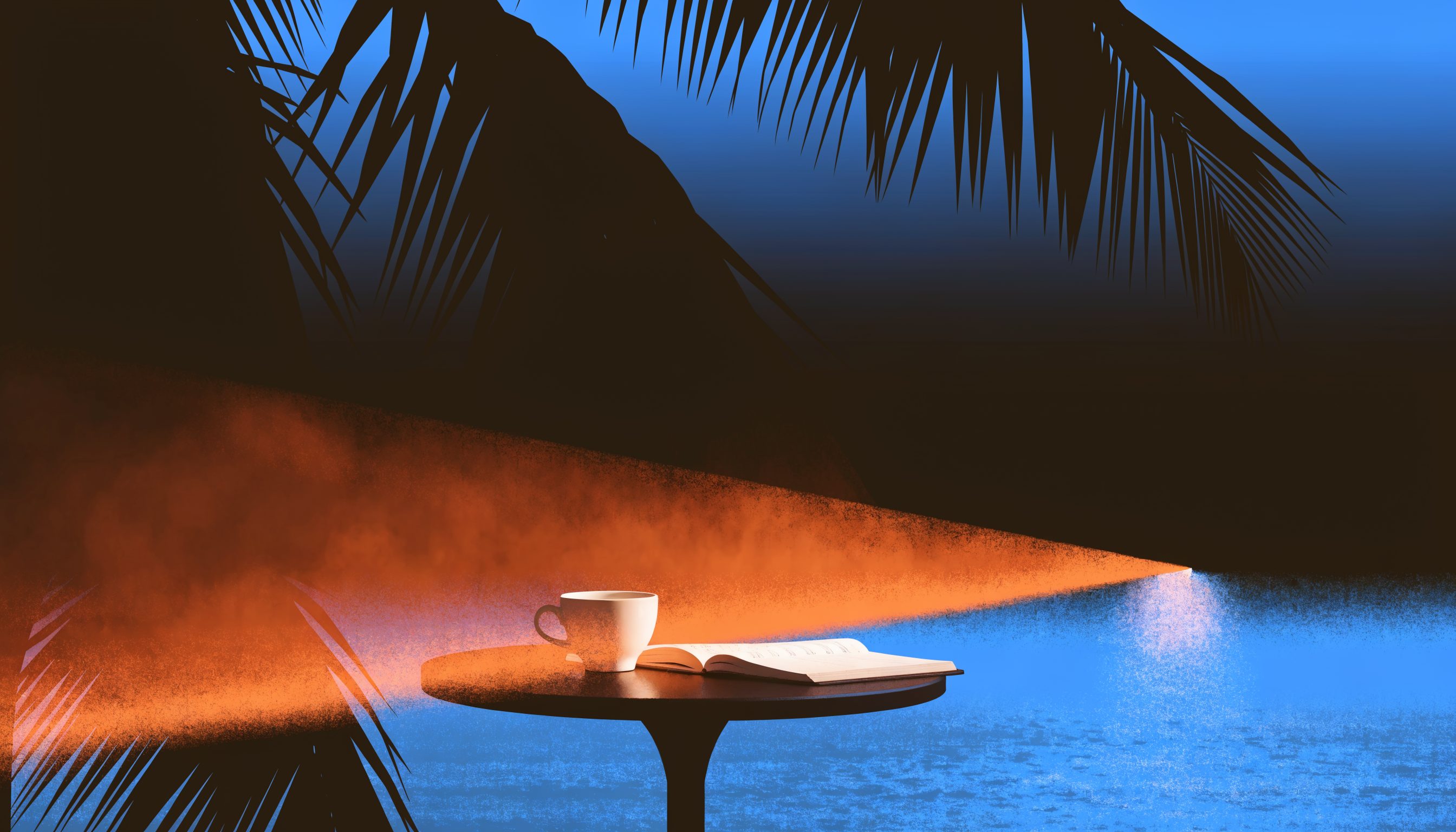 A caf&eacute; table under palm fronds with a coffee cup, lit by a single beam of amber light arriving from across the water.