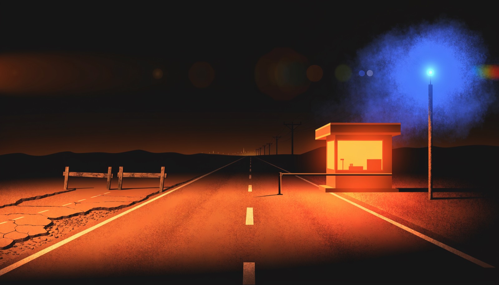A lone toll booth glows amber at night with its boom gate lowered, beside a crumbling barricaded free road.