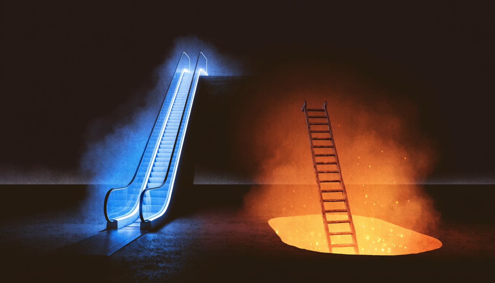 A grand illuminated escalator rises into fog beside a modest ladder descending into a glowing vault.
