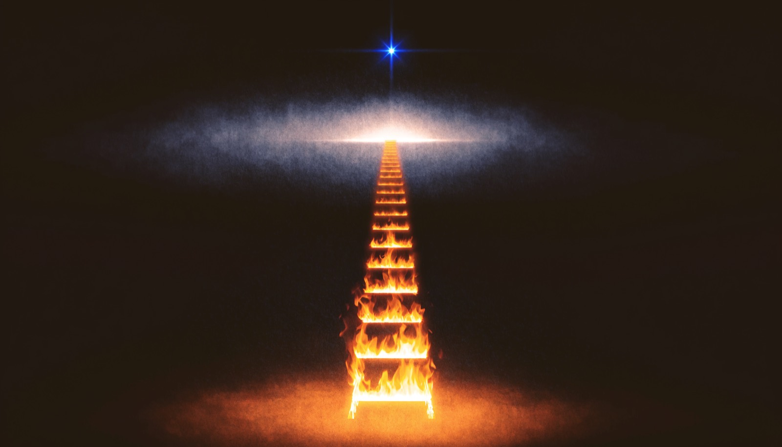 A ladder rising out of darkness, each rung a small flame lighting the one above.