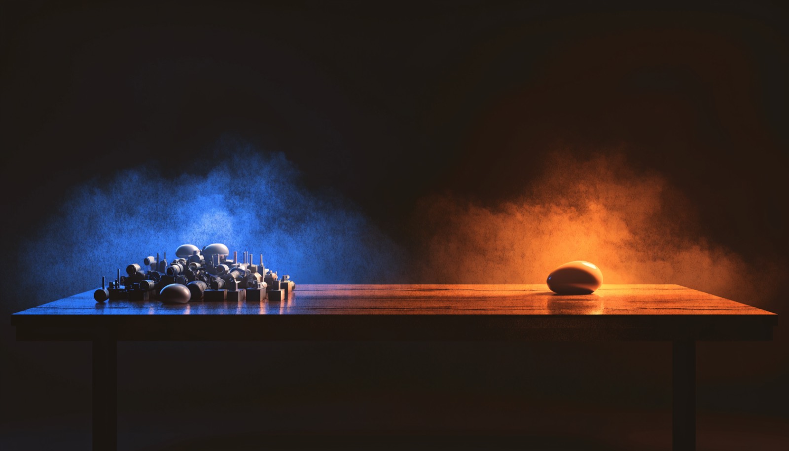 A dark desk with dozens of dim gadgets pushed aside and one glowing object kept in cleared space.