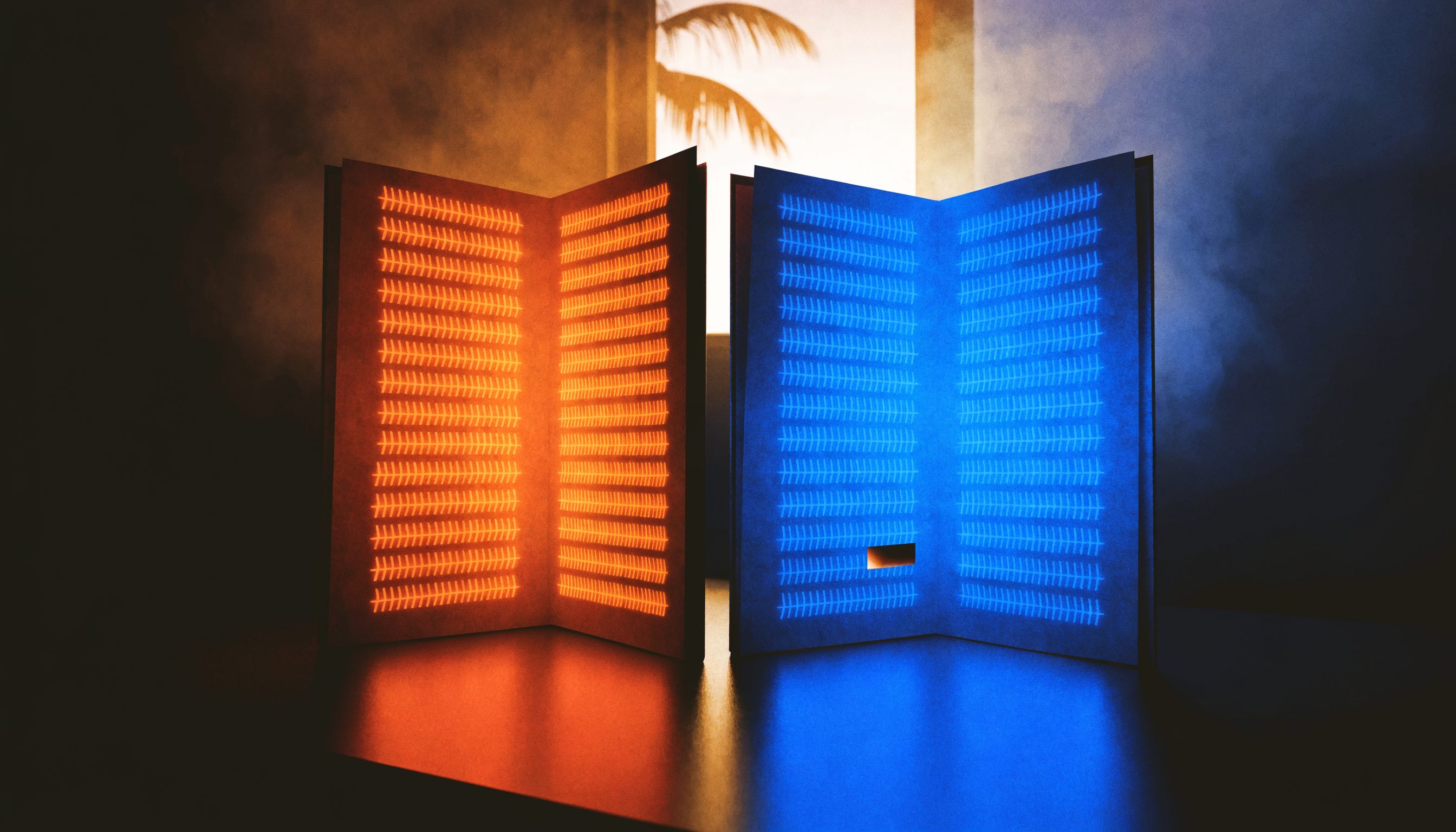 Two open ledgers of glowing tally marks, one amber and one blue, with a single mark missing on the blue side.