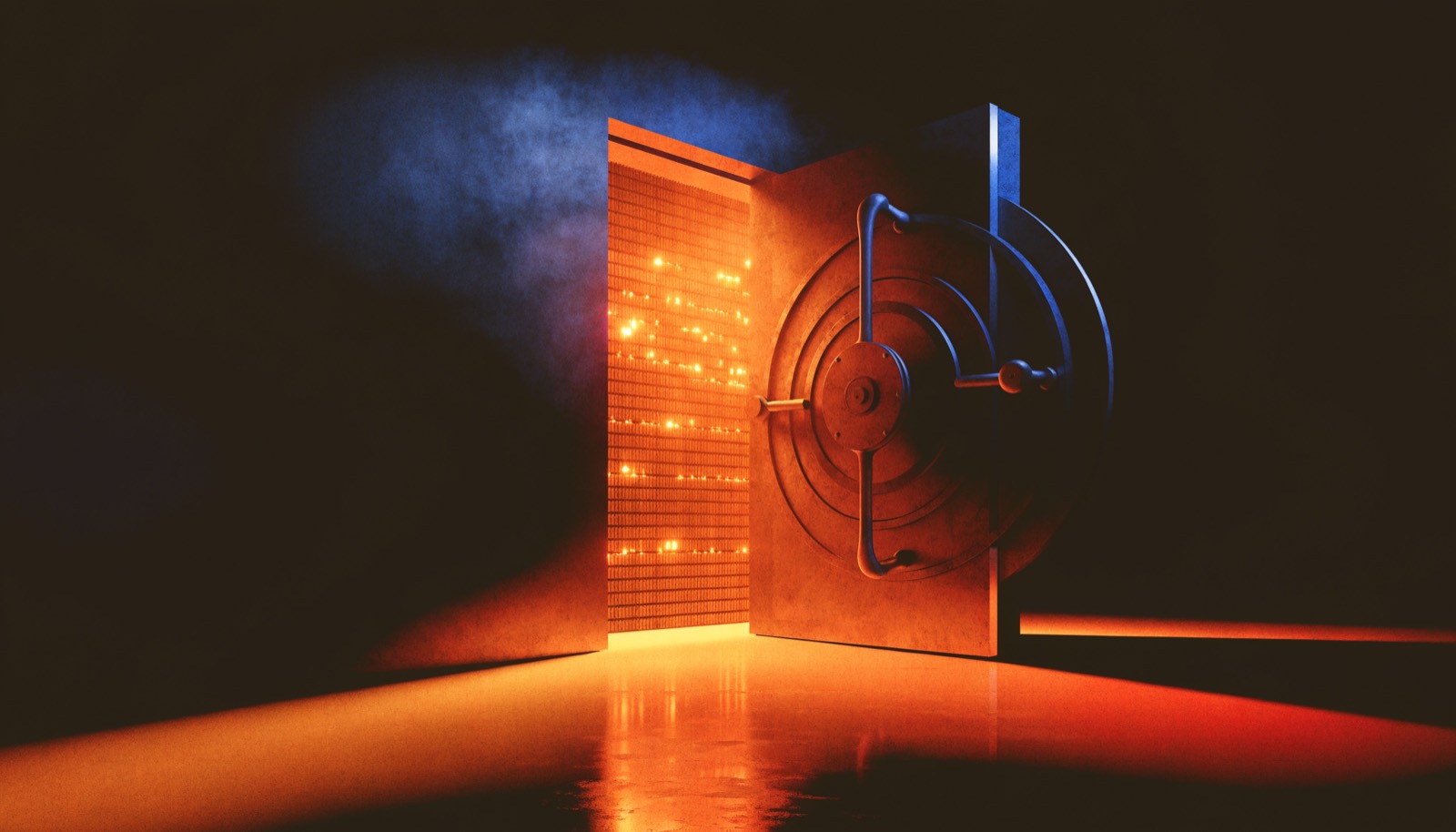 An open bank vault reveals thousands of small glowing cards stored in rows, light spilling into a dark room.
