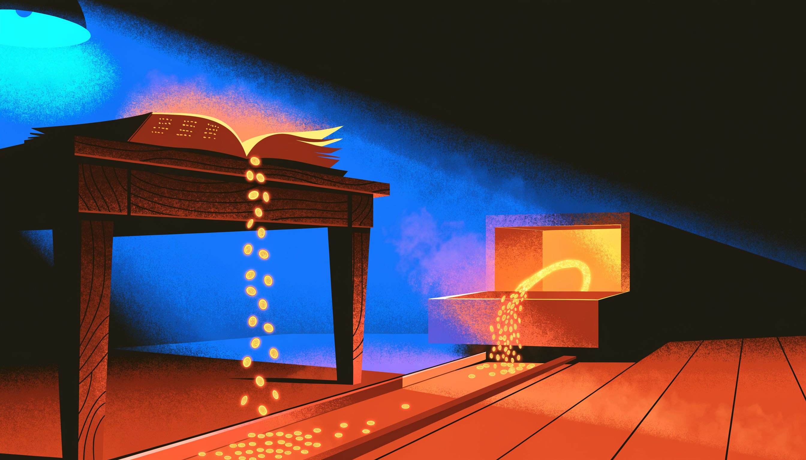 The same floorboards, now with a copper channel guiding the falling coins into a glowing till.