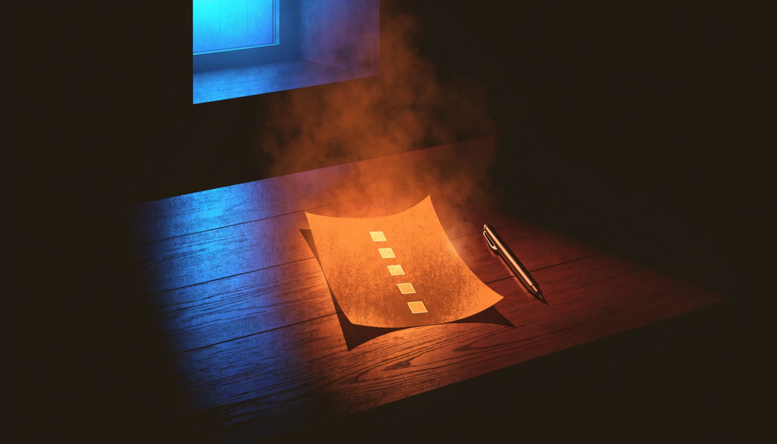 A single glowing page with seven amber squares like a checklist, on a dark desk.