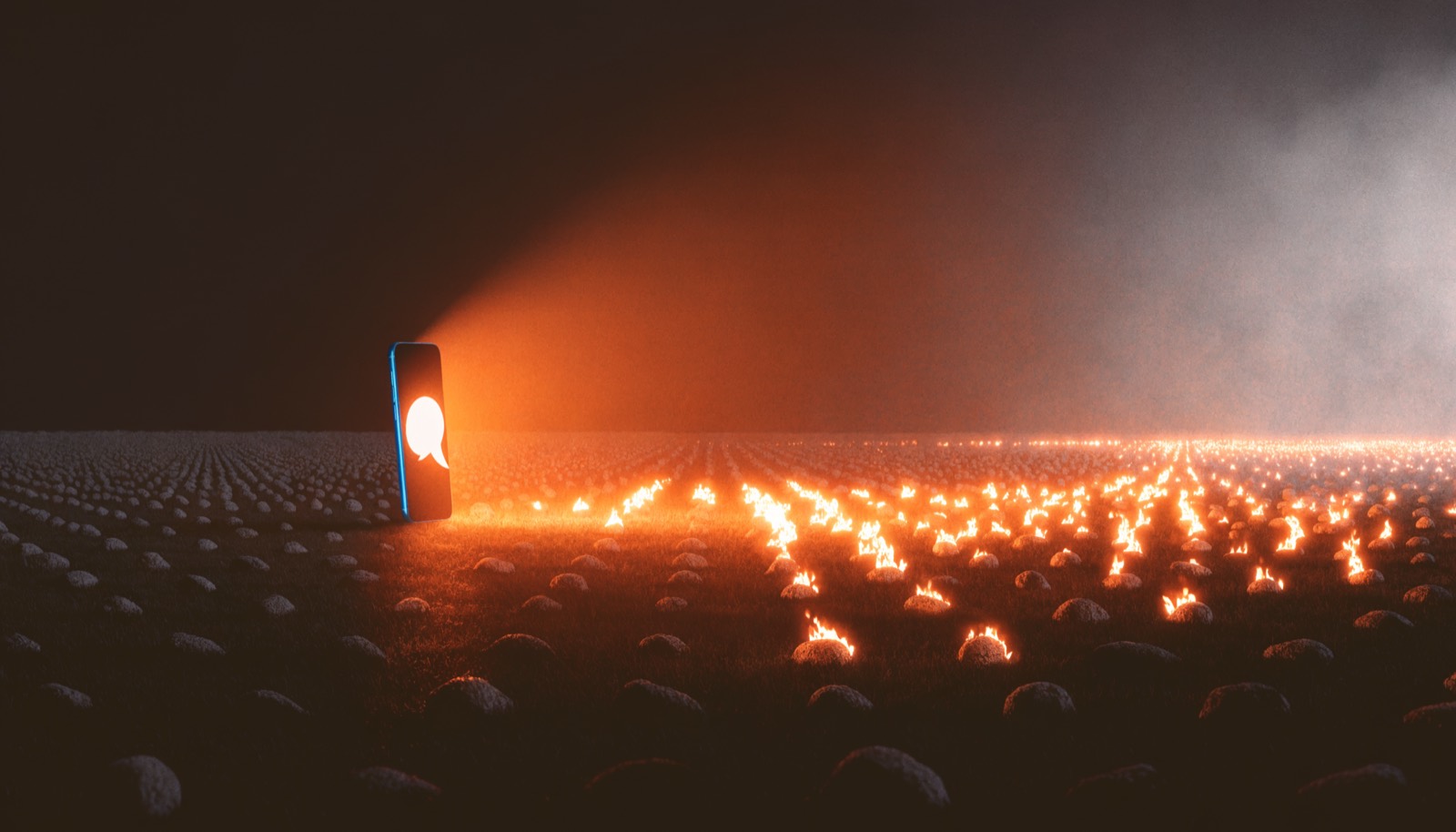 A field of dim embers reignites into flame around a smartphone showing a glowing chat bubble.