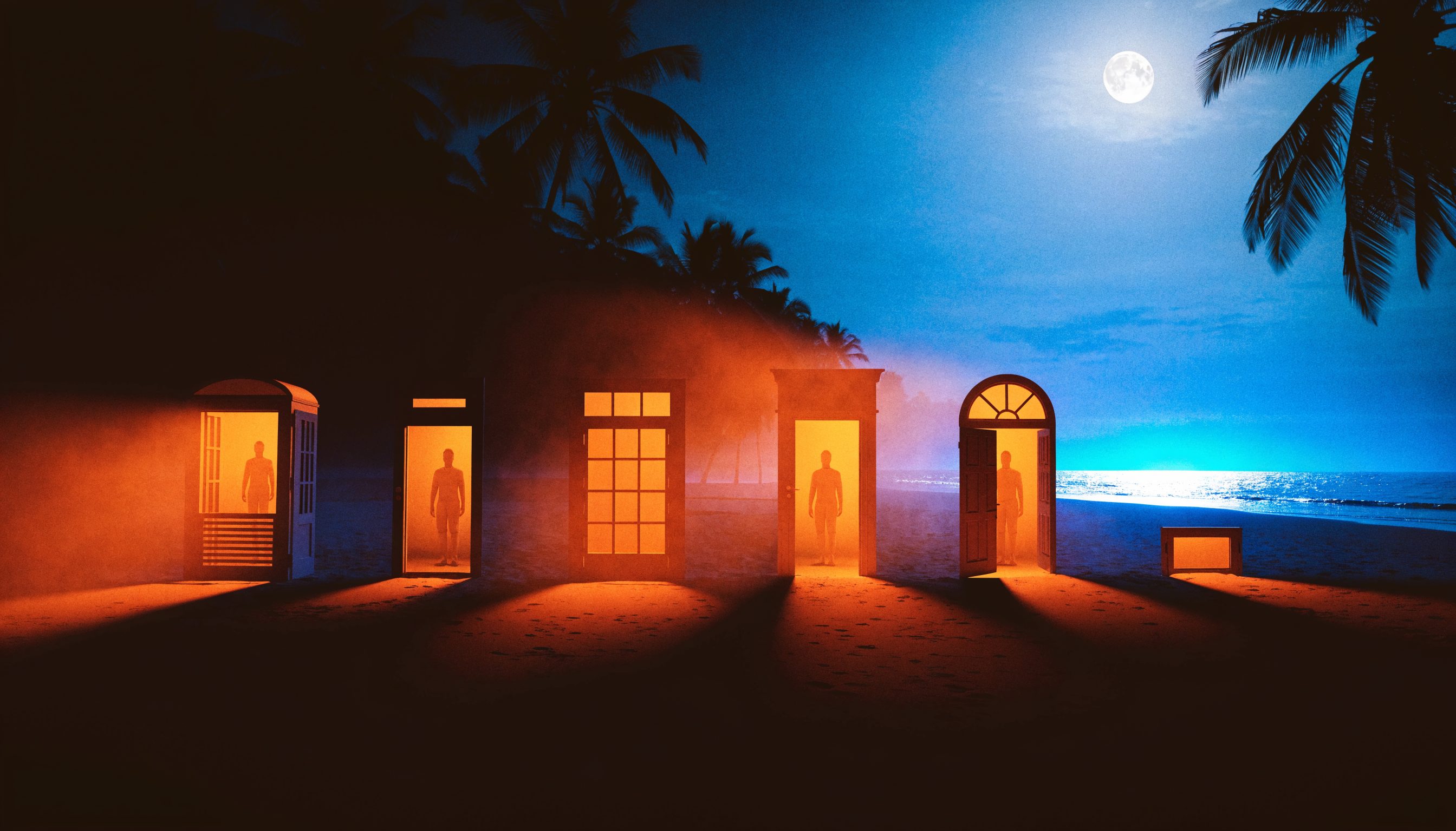 Six different doors stand open on a night beach under palm trees, each glowing amber, all leading to the same calm figure.